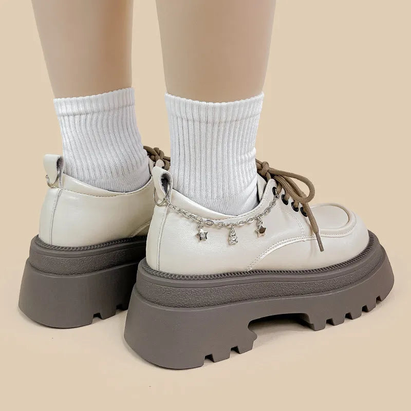 White British-style platform Mary Jane shoes with chunky 6-8cm heel and round toe.