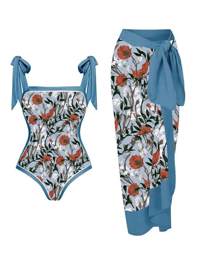Women's printed floral swimsuit set with chiffon cover-up skirt