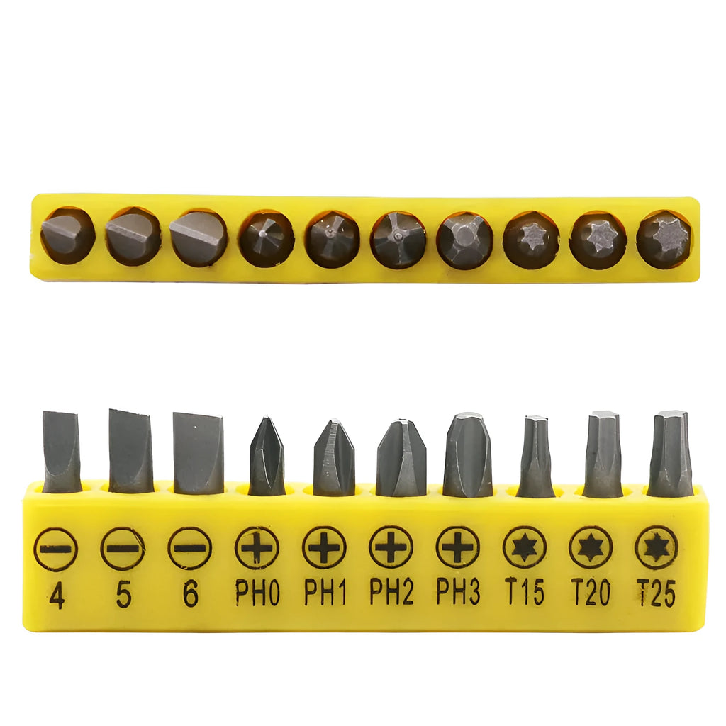 L-shaped double-headed socket wrench handle with set of 10 screwdriver bits and 10 socket wrenches on a workbench