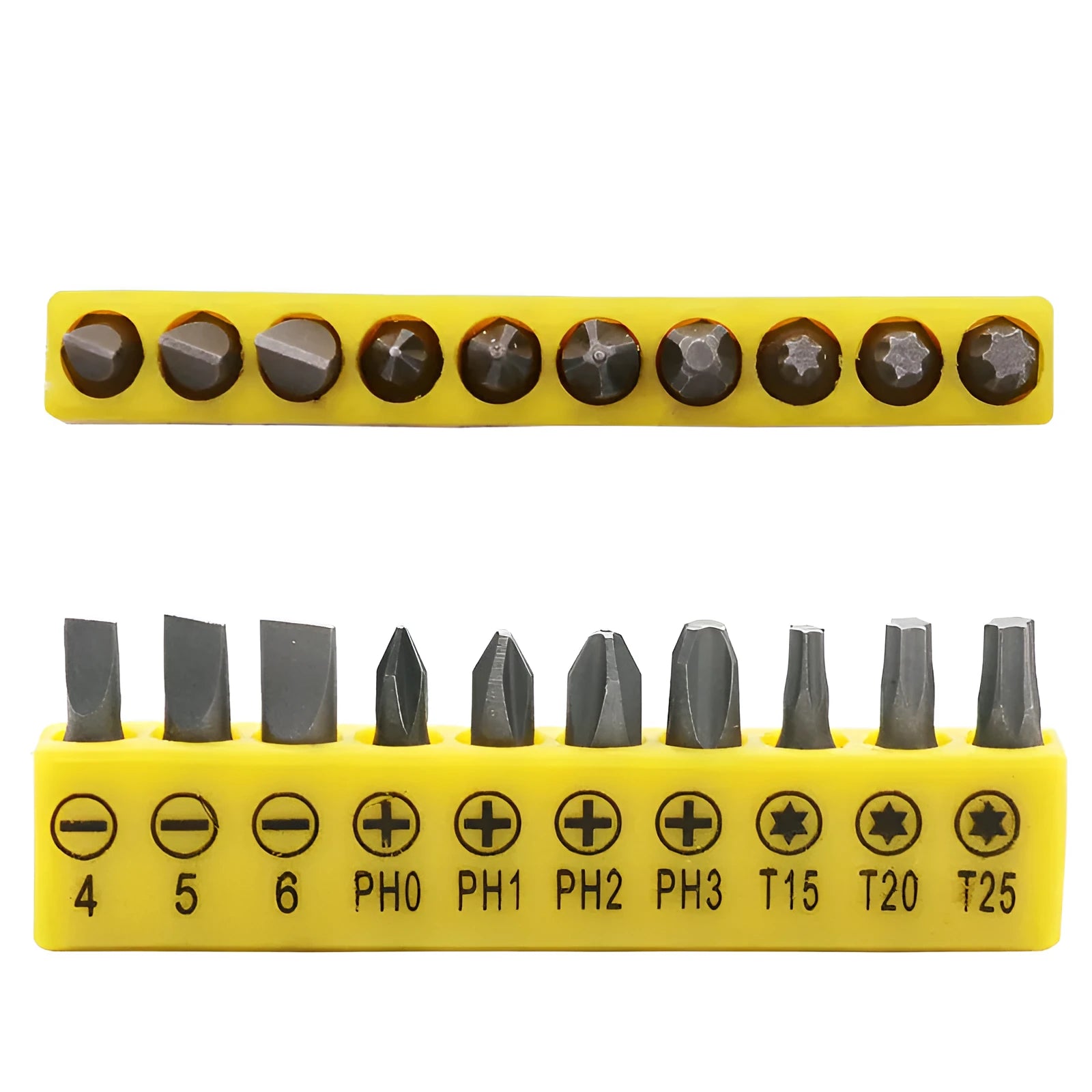 L-shaped double-headed socket wrench handle with set of 10 screwdriver bits and 10 socket wrenches on a workbench