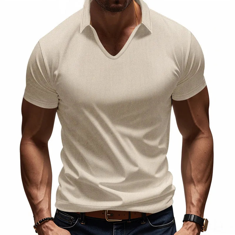 Men's casual V-neck short sleeve t-shirt in cotton blend fabric available in six colours with loose fit