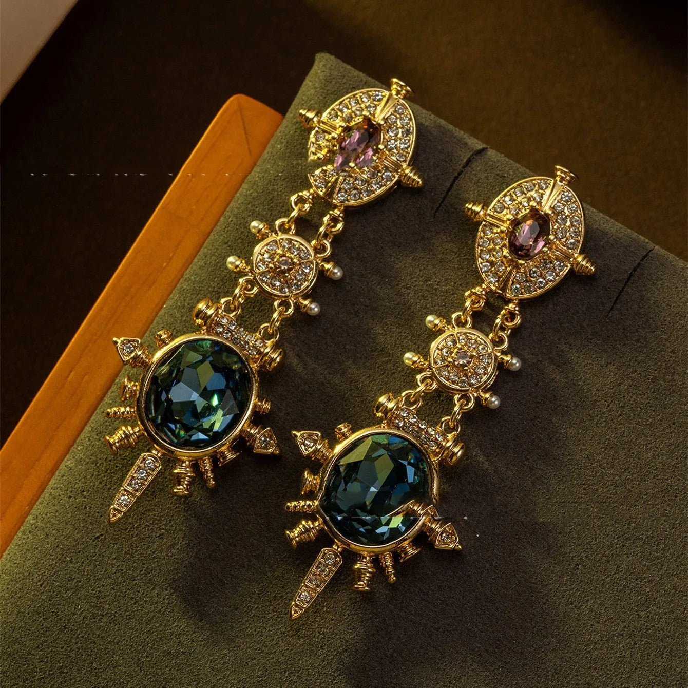 Gold colour retro geometric stud earrings with round design elements on alloy material