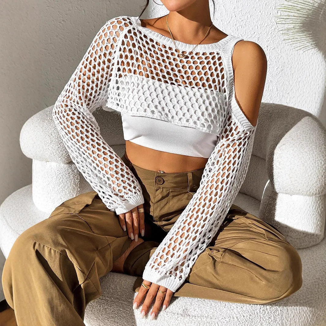 Sexy hollowed navel design mesh beach shirt shown in multiple colours including white, black, and army green.