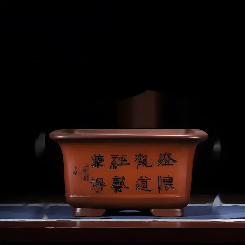 Large Chinese-style antique purple clay flower pot for indoor bonsai trees.