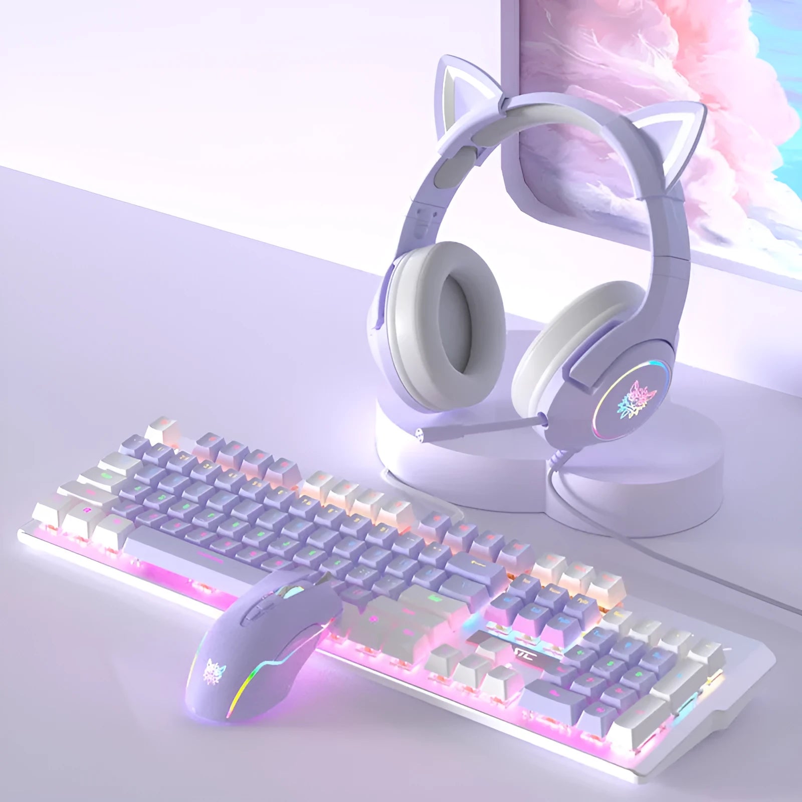 Purple and white wired mechanical keyboard and mouse combo set with backlit keys on a desk.
