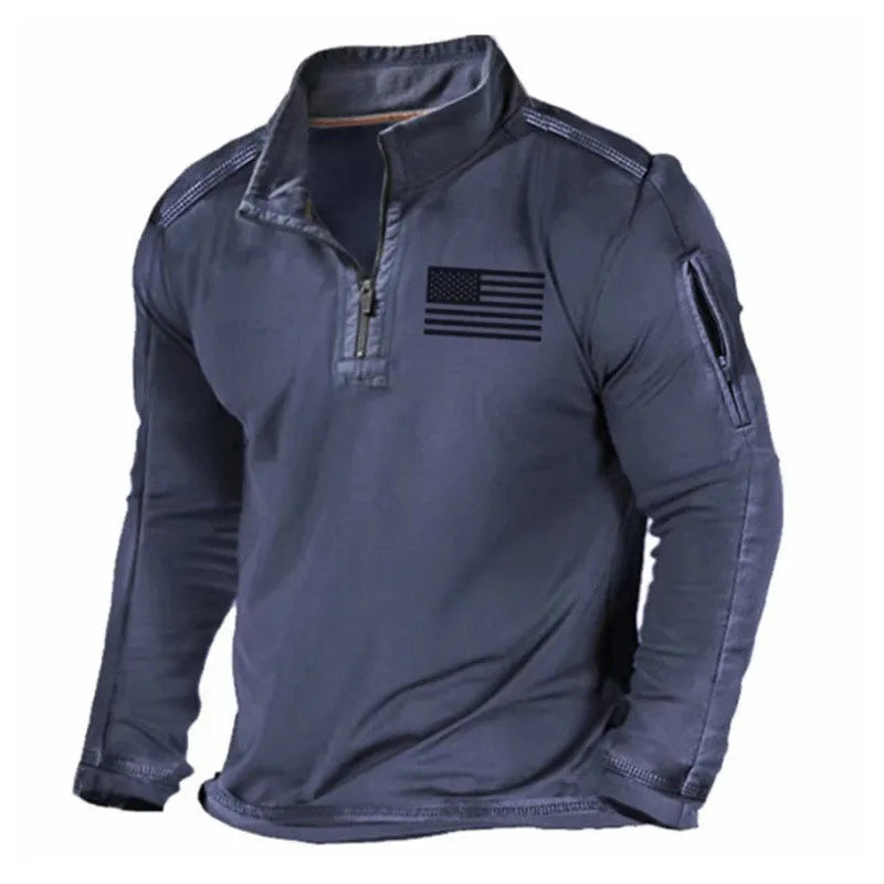 Men's grey zip-front stand collar long-sleeved polyester sweater laid flat.