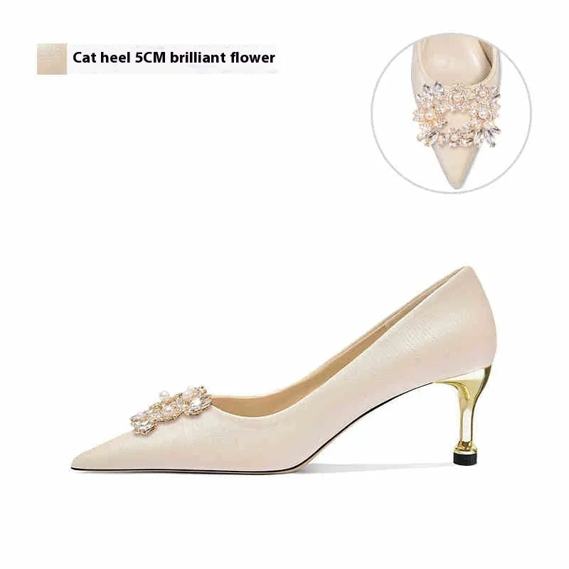 French crystal bridal high heels with rhinestone decoration on cloth upper, available in pointed toe styles with stiletto heels