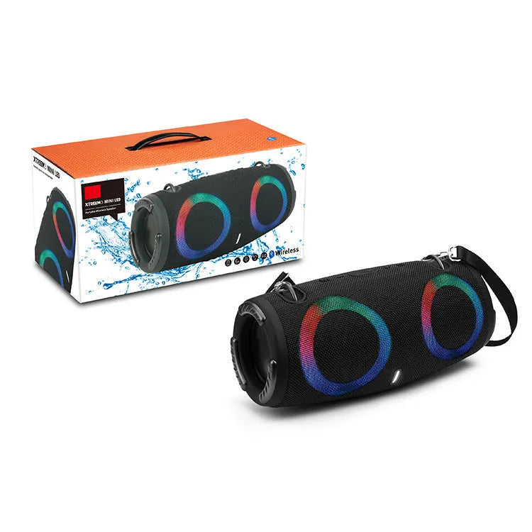 War Drum portable Bluetooth speaker with RGB coloured lights in black, blue, red, silver grey, or camouflage.