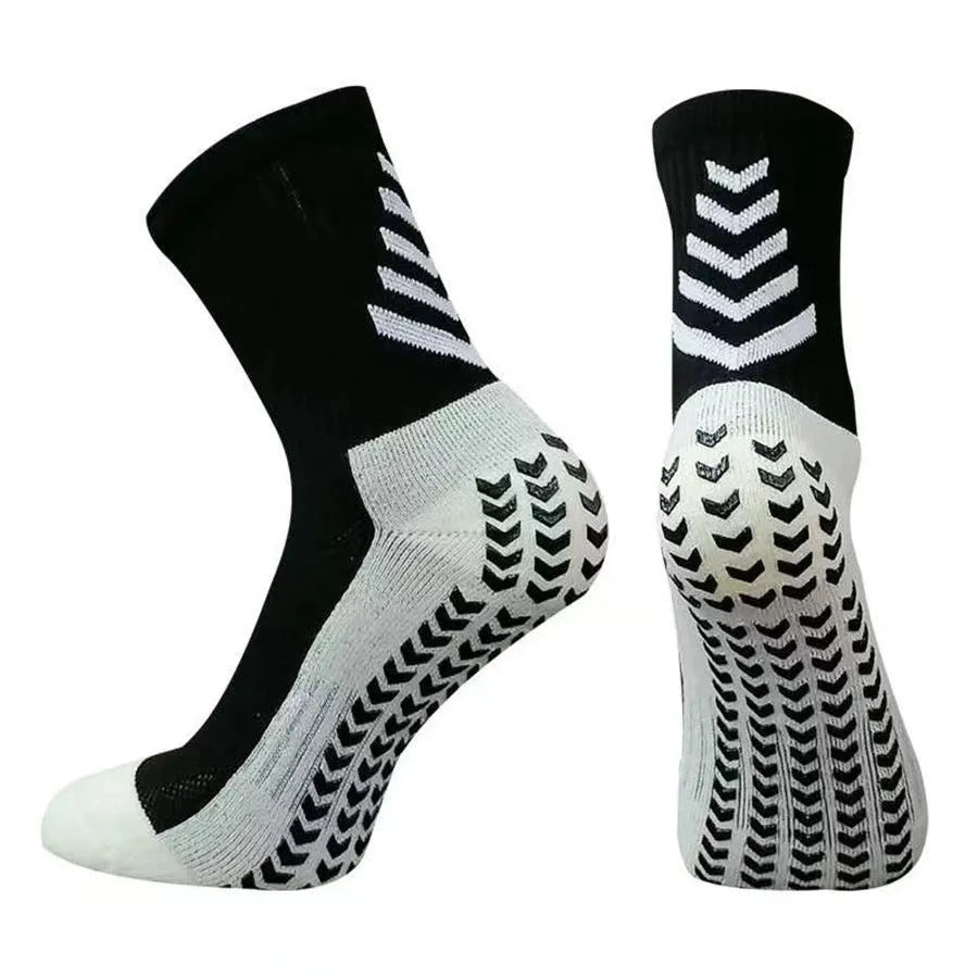 Men's mid-calf athletic socks with geometric patterns and non-slip silicone grip for football and running