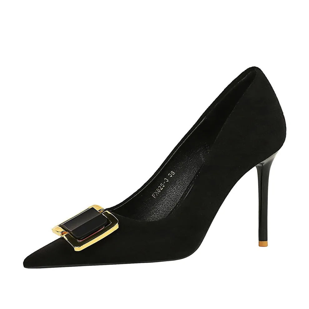 Black suede women's court shoes with a 9cm stiletto heel and pointed toe.