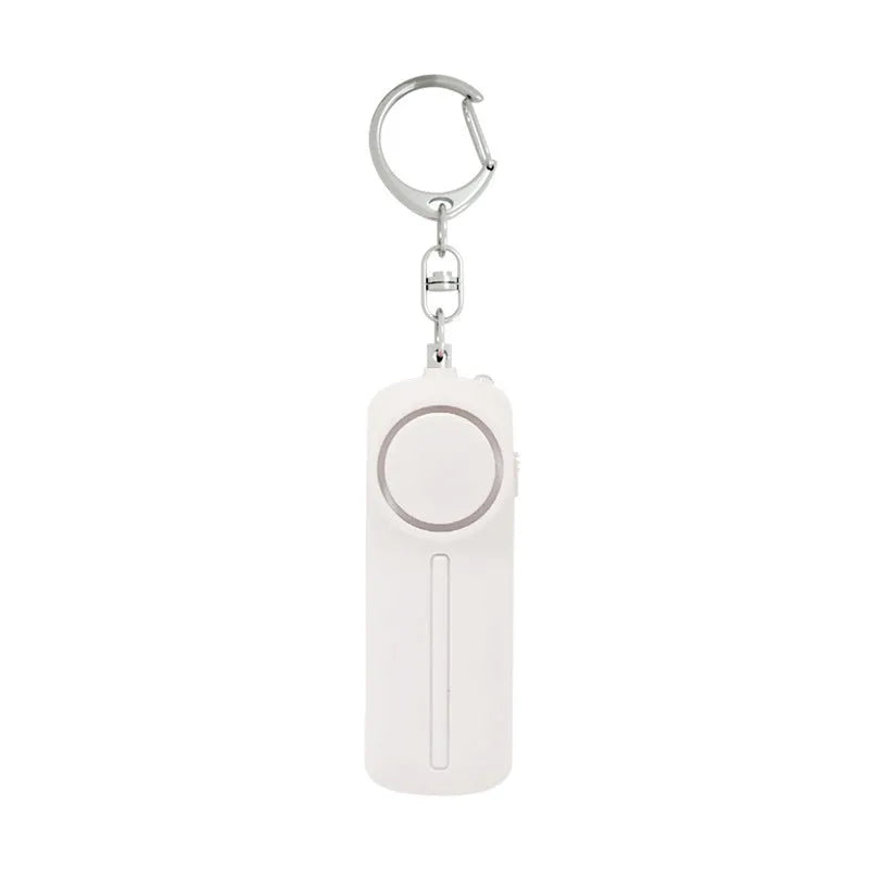 Compact pink personal safety alarm showing 130 dB siren specification and six-hour duration.
