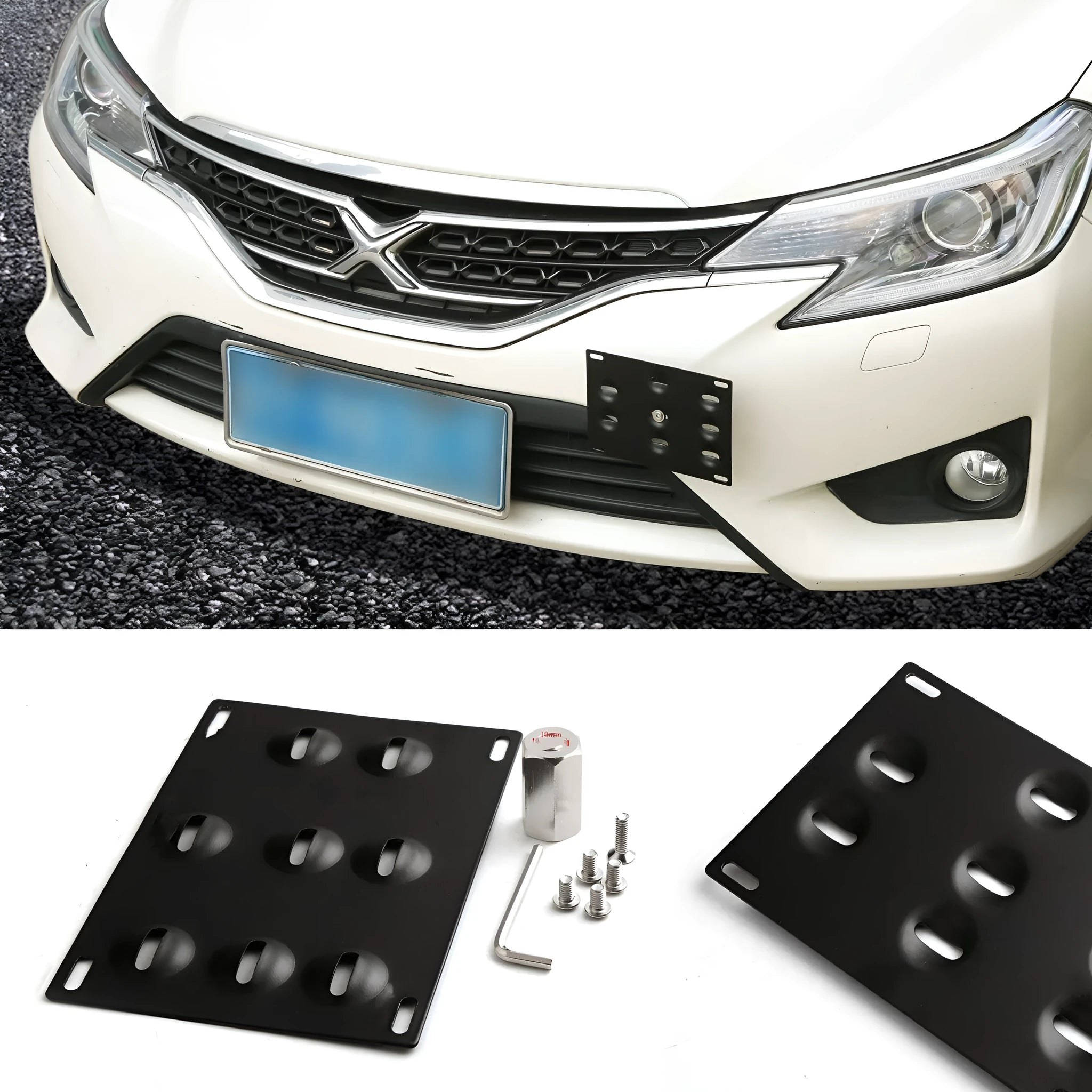 American license plate frame with trailer hook for car modification, steel construction