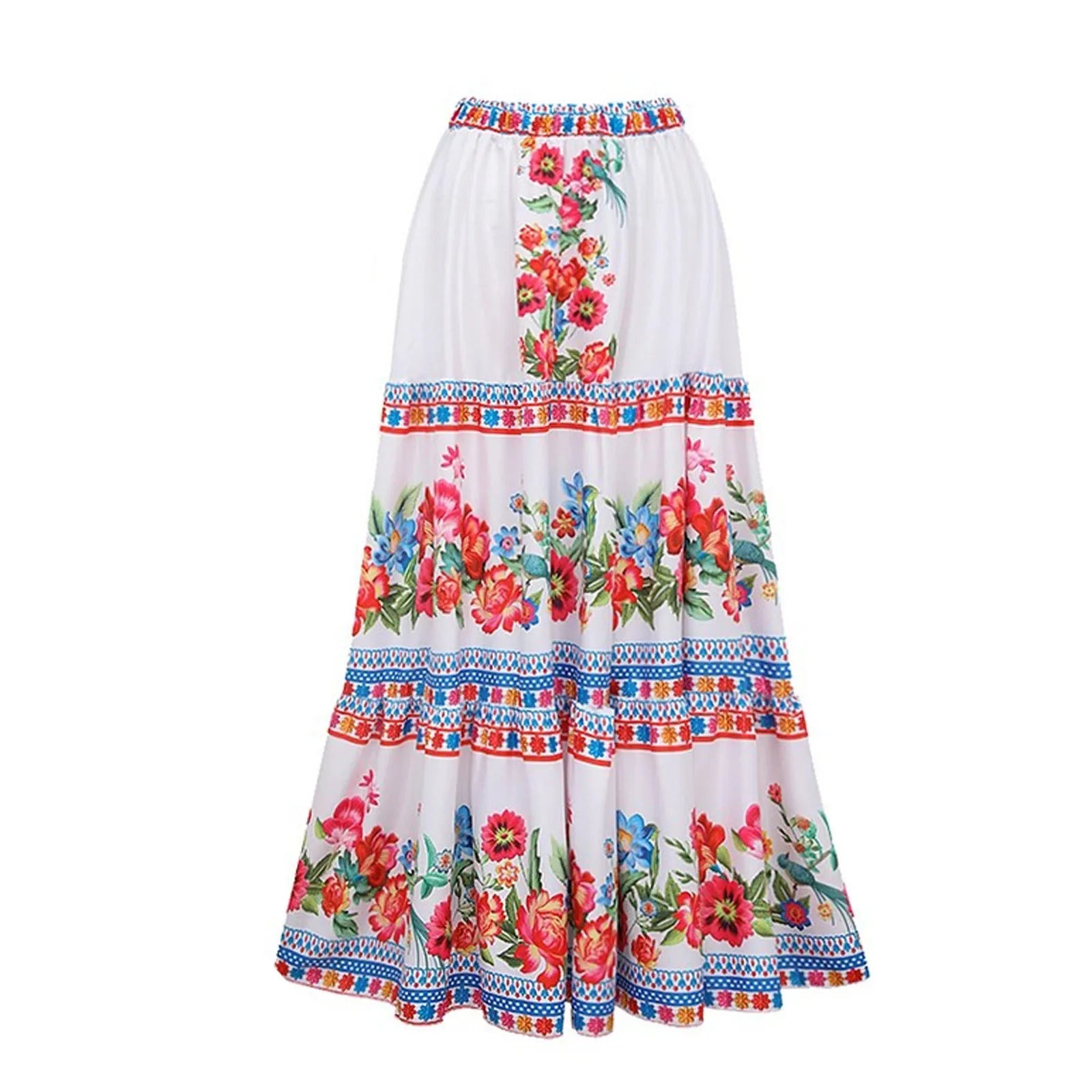 Women's printed one-piece swimsuit with matching cover-up skirt in rose pink.