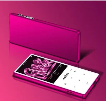 Silver portable MP3 MP4 music player with 2.4-inch touch screen showing music interface.