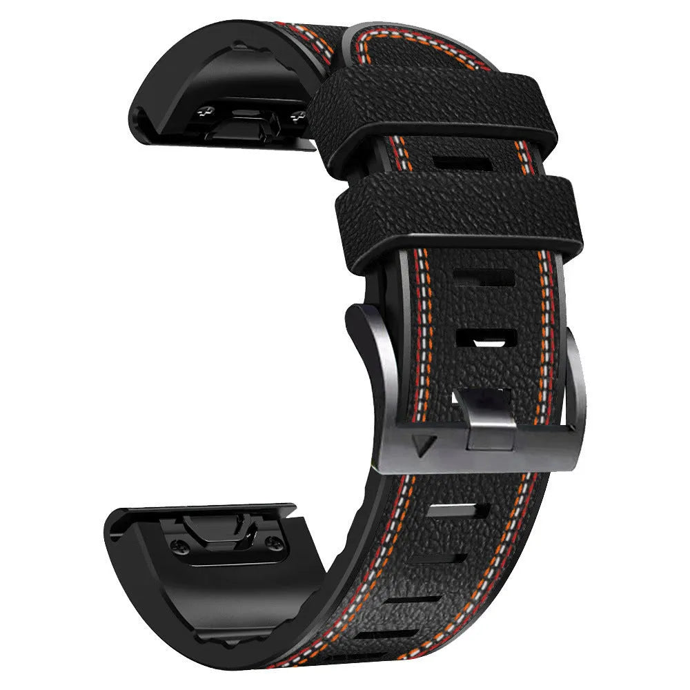 Silicone leather watchband for Garmin Fenix smartwatches with quick release bars in black colour.