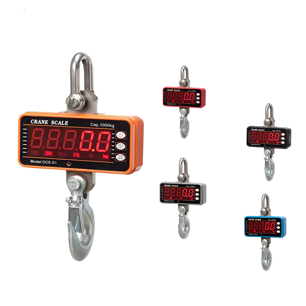 Orange electronic crane scale with direct digital display rated for 500kg load in warehouse