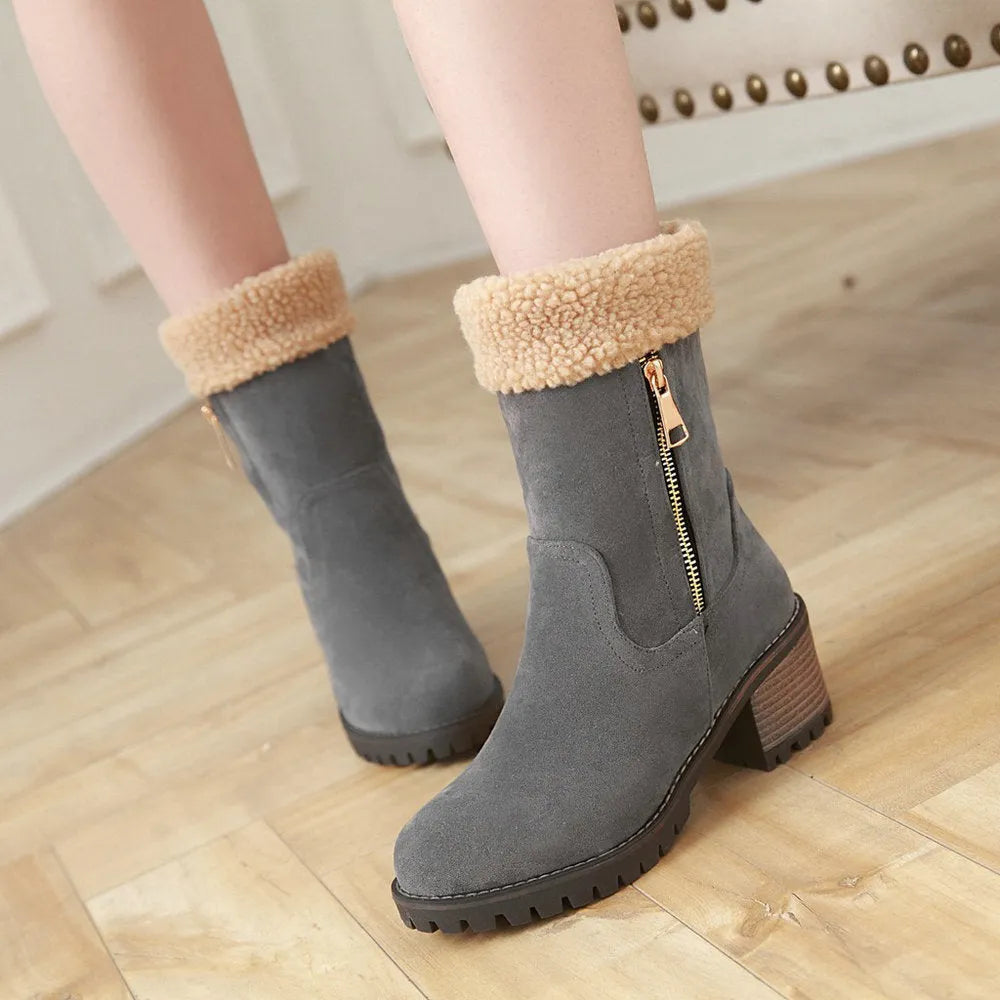Waterproof snow boots with short plush lining in black, grey, green, or orange.
