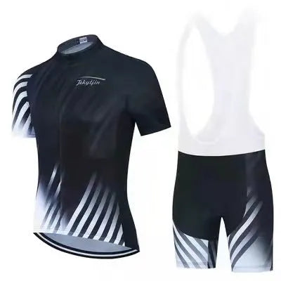 A short-sleeved cycling jersey and pants set for men and women, shown in one of seven available colour styles.