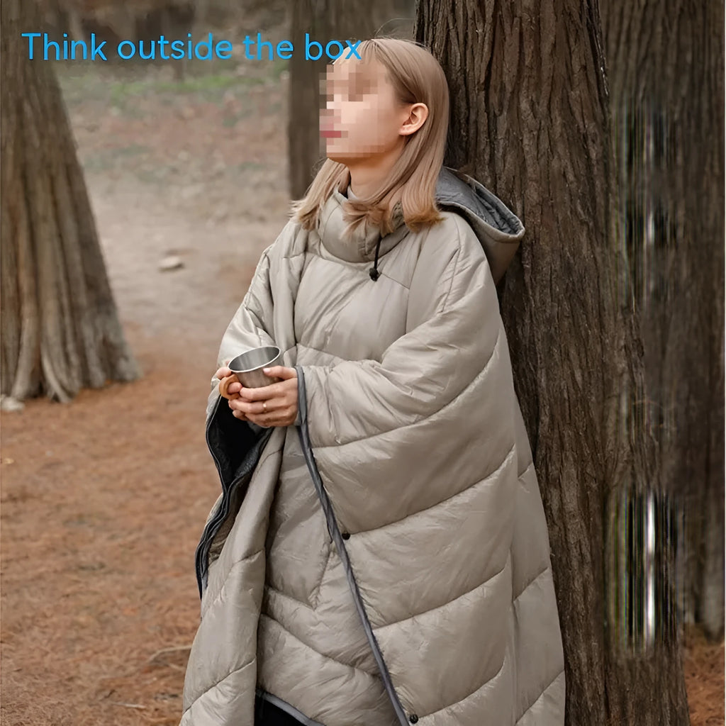 Army Green outdoor cloak sleeping bag wearable camping blanket showing cape and blanket functions