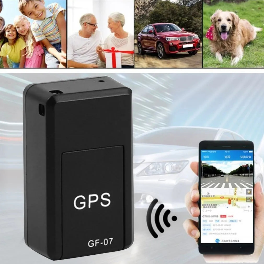Black mini magnetic GPS car tracker device with compact rectangular design for vehicle attachment
