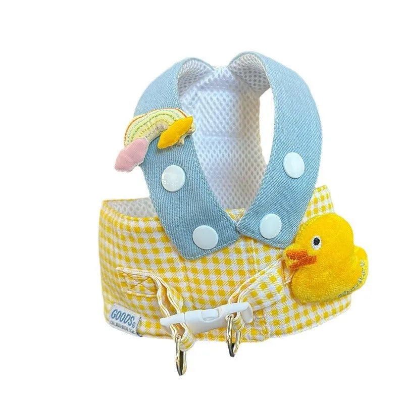 Small pet wearing a cute hat and three-piece outfit with a matching dog harness and wire rope leash set.