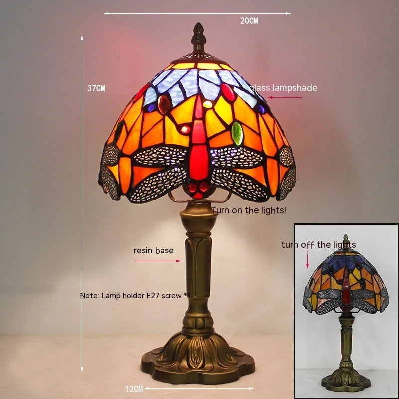 Stone table lamp with Tiffany-style dragonfly design in retro European style