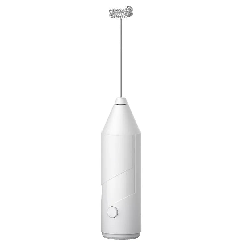 Mini handheld USB rechargeable milk frother in black, white, and khaki colour options