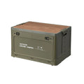 Large white plastic storage box with wooden lid showing foldable sides