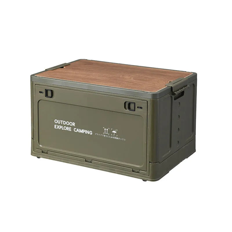 Large white plastic storage box with wooden lid showing foldable sides