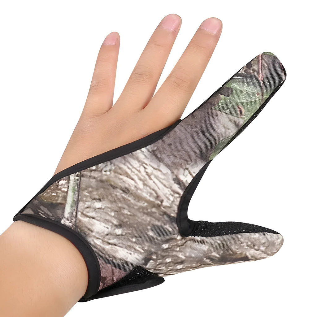 Two finger fishing glove for lure fishing with microfiber palm and diving cloth back in camouflage colour
