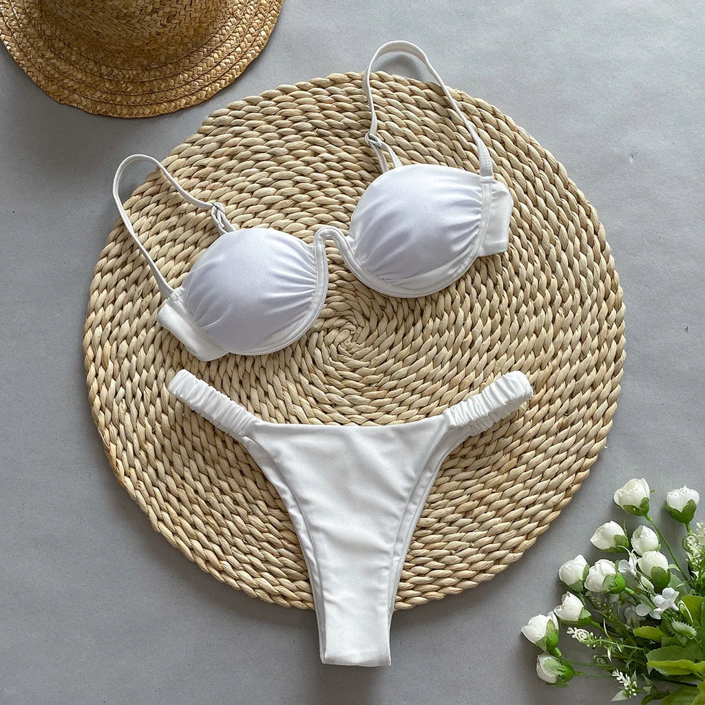Women's underwire bikini swimsuit in black, khaki and white colours with European styling