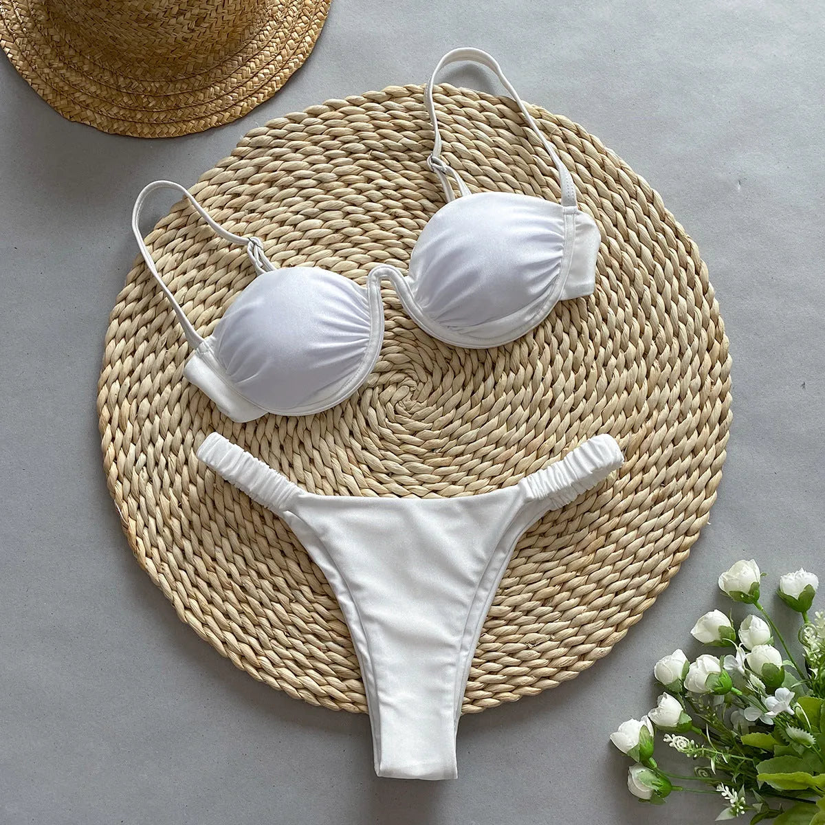 Women's underwire bikini swimsuit in black, khaki and white colours with European styling