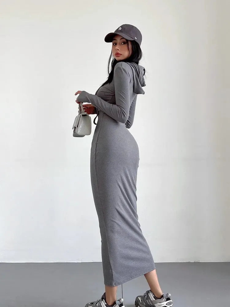 Women's grey hooded sheath dress with long sleeves and high waist, knee-length polyester fabric