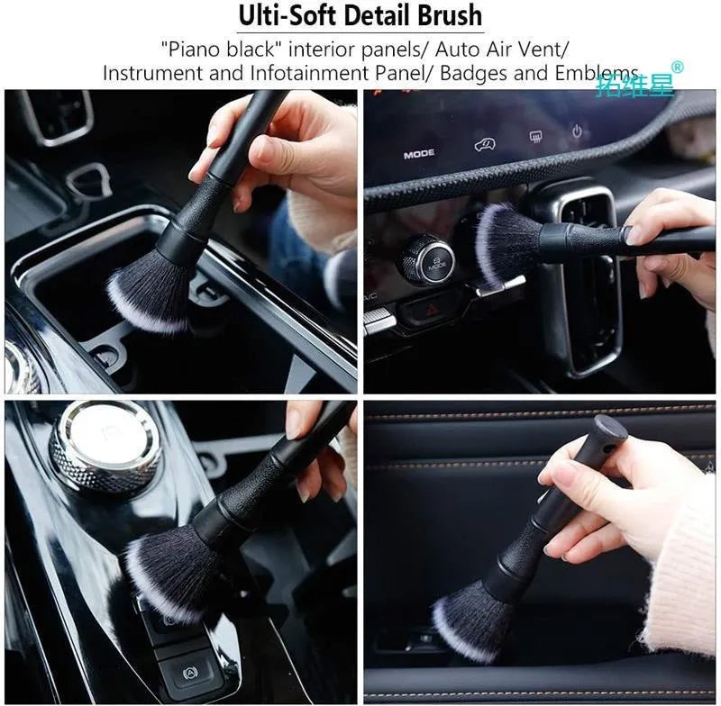 Black car detailing brush with super soft pig hair bristles shown in large and small sizes.