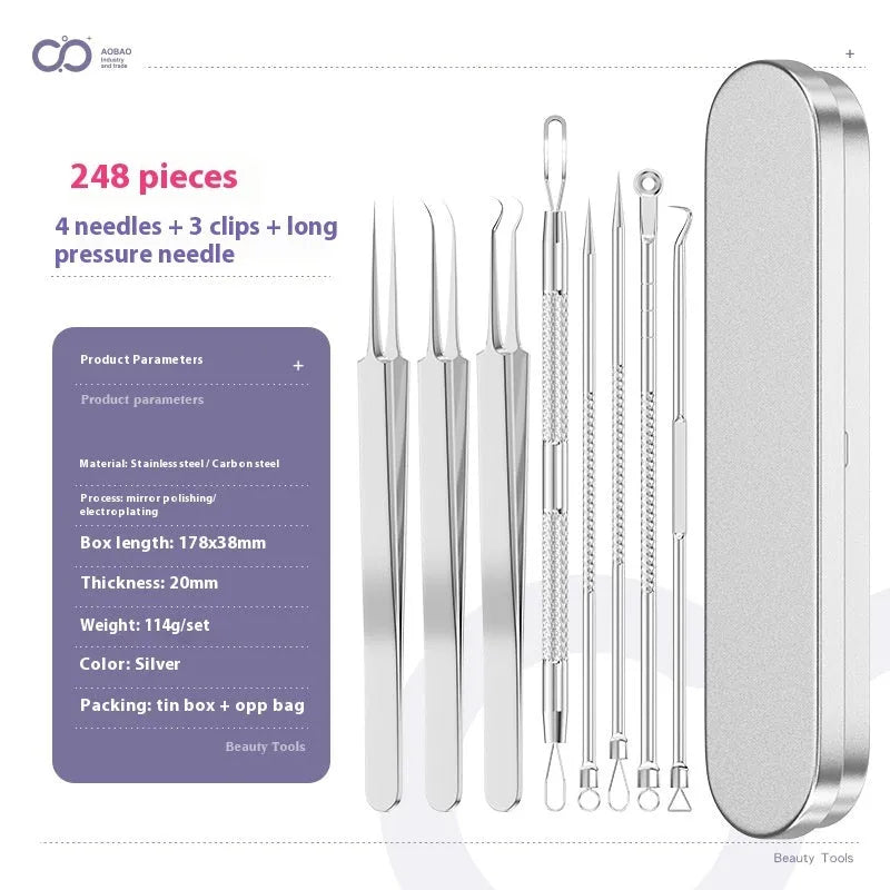Four-piece metal acne needle set with ultra-fine pointed tips for blackhead removal