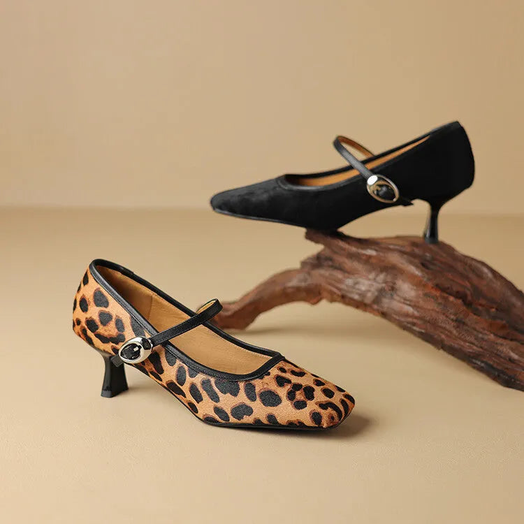 Women's black square toe stiletto heel ankle-strap shoes with horse hair upper and buckle closure