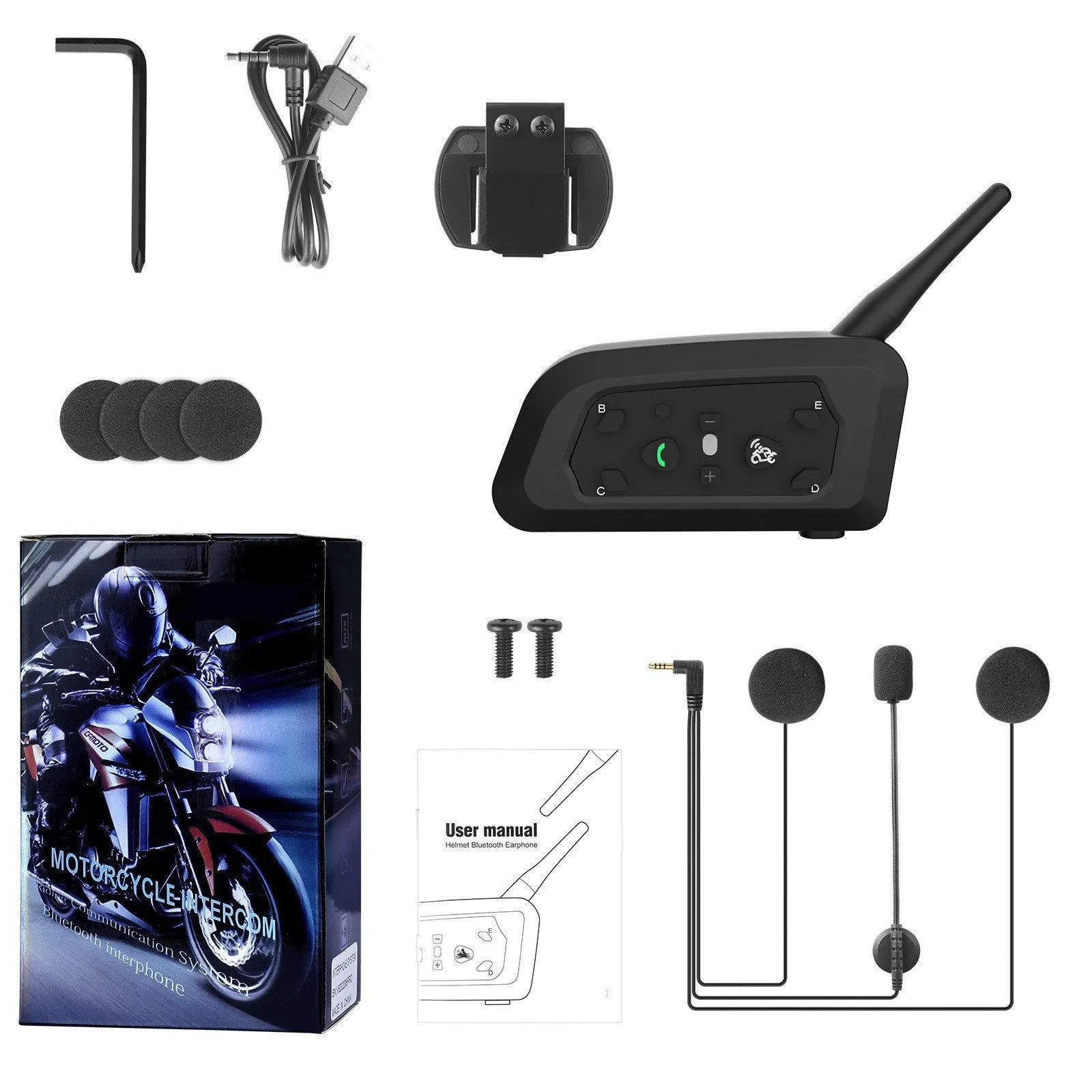 V6pro motorcycle helmet Bluetooth intercom unit with mounting clip and headphones
