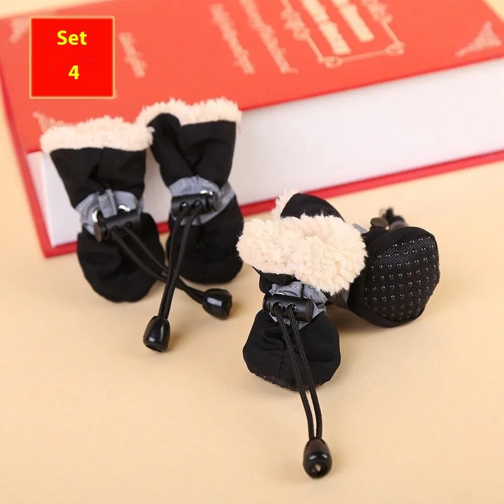 Soft sole cloth dog shoes showing multiple colour options including fleece-lined and monkey print designs