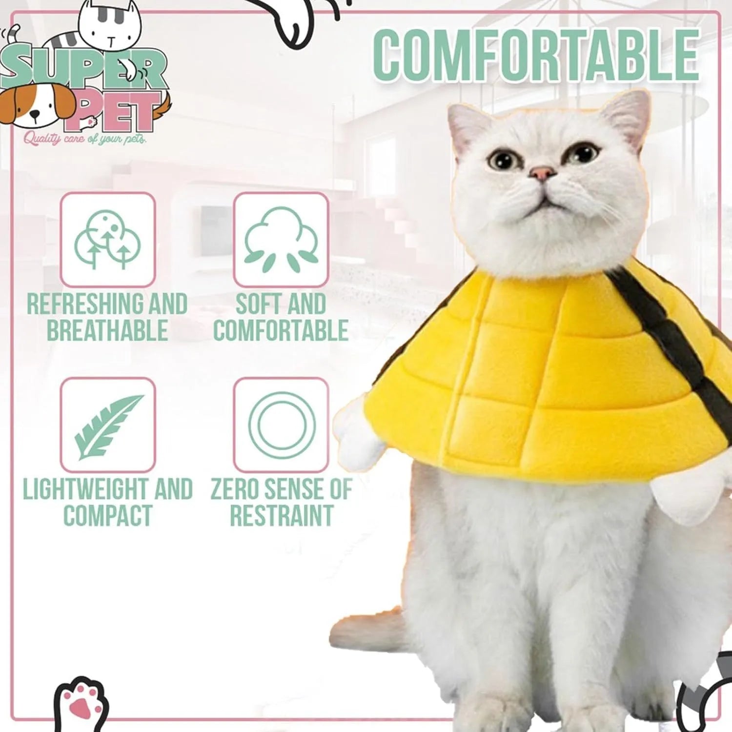 Soft cat cone collar with bee design showing adjustable velcro closure