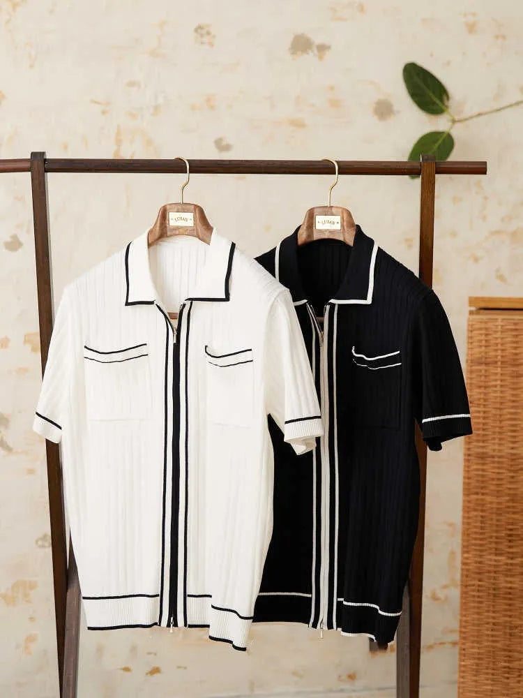 Slim elastic lapel collar short-sleeved polo shirt in black and white colours
