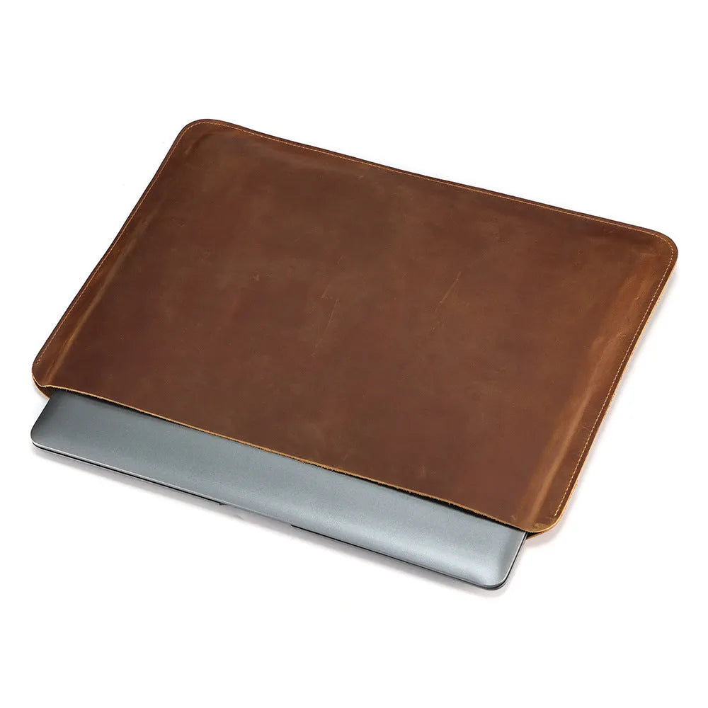 Men's brown crazy horse leather horizontal computer liner bag showing compartments and wear-resistant construction