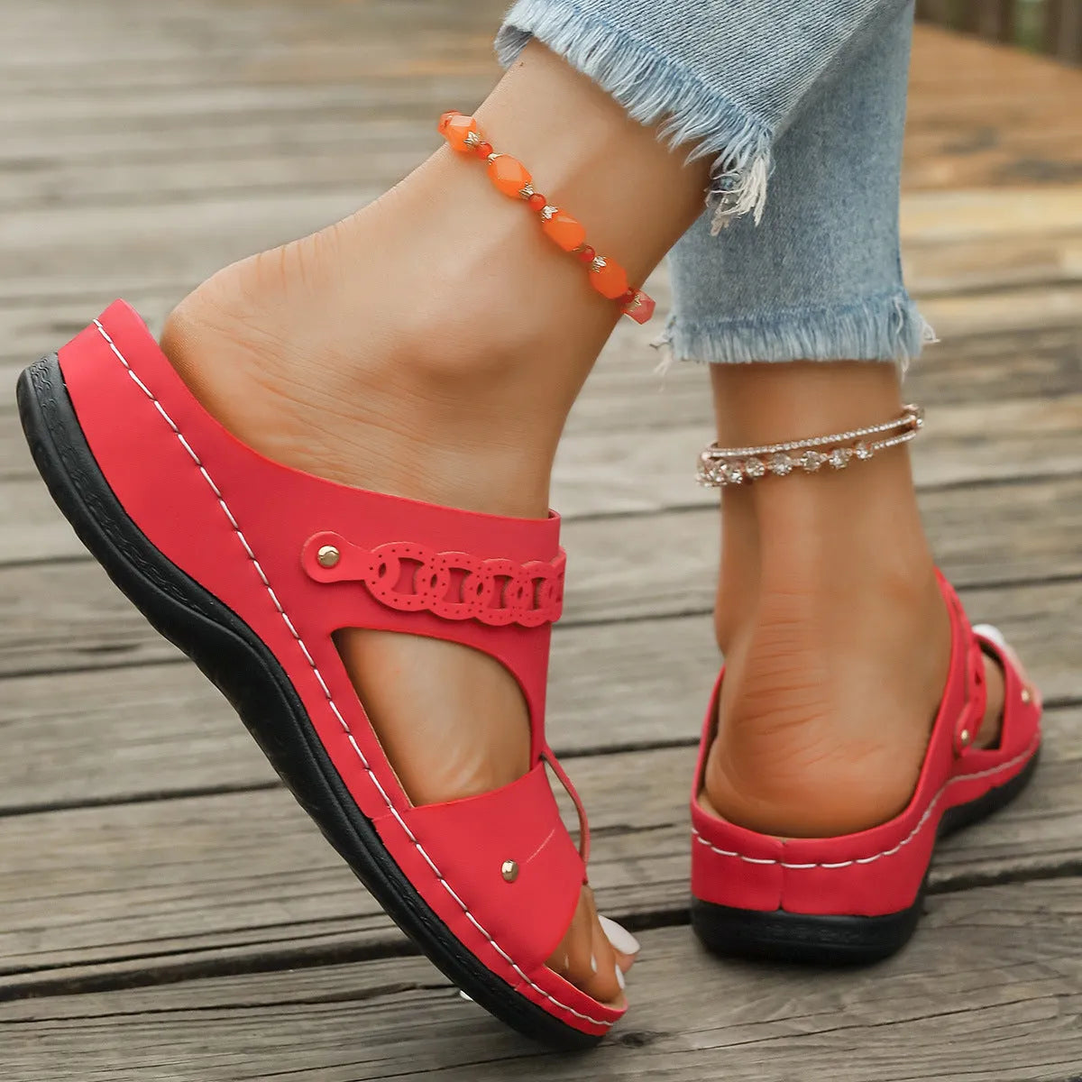 Women's Roman style slippers with slope heel and fish mouth toe design in PU upper and rubber sole