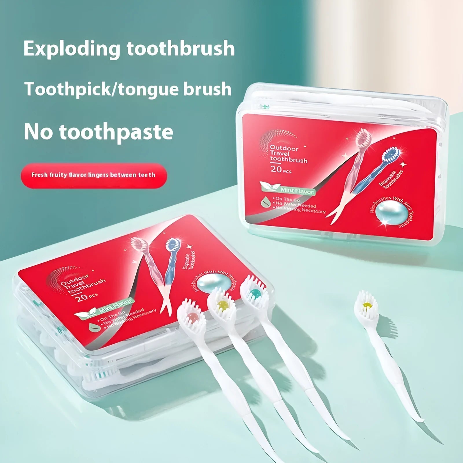 Box of Bead disposable toothbrushes showing mint, peach, and plum green tea flavour options.