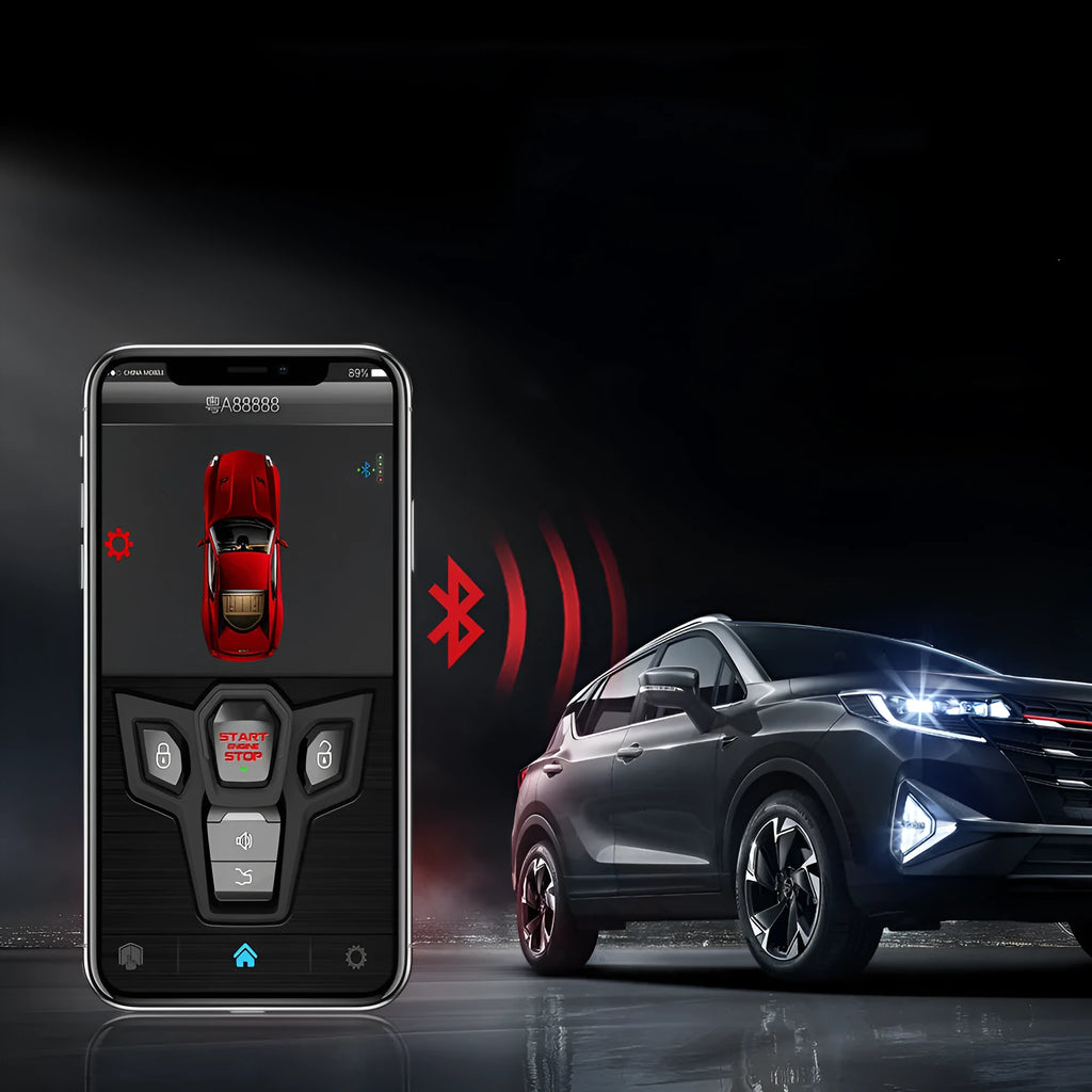 Red and black one-way remote car alarm system with two remote controls for vehicle security