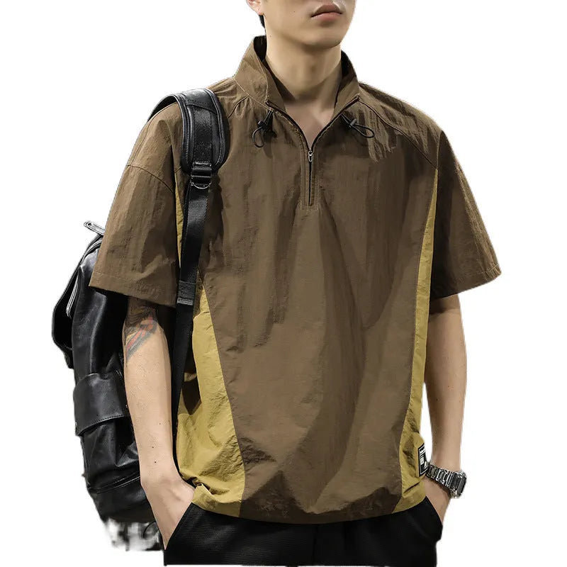 Men's half zipped stand collar business casual shirt in ice silk fabric available in brown and purple colours