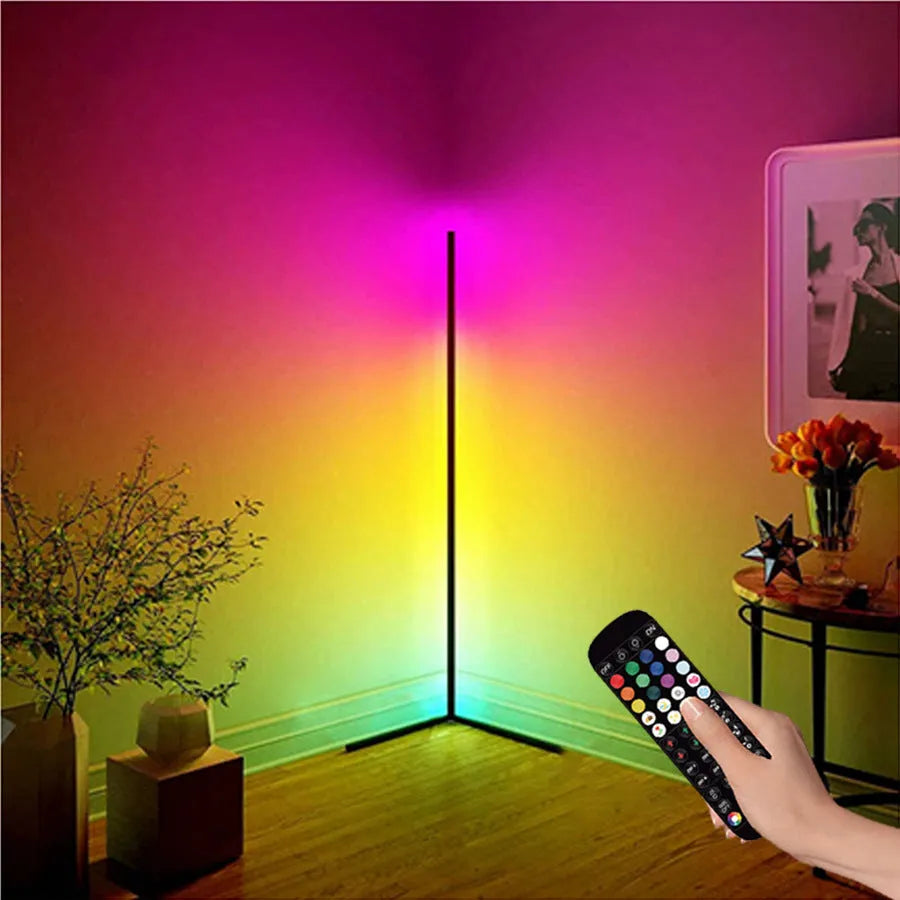 Black smart floor lamp with RGB colour changing and music synchronisation capabilities