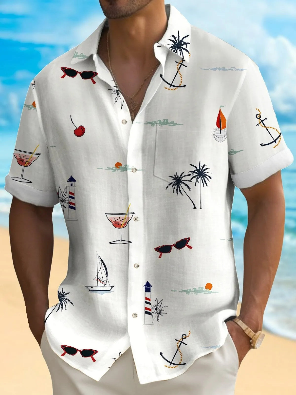 Man wearing a loose-fit digital print Hawaiian shirt with short sleeves, showcasing one of the multi-coloured pattern options.