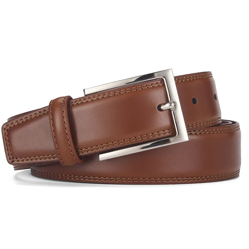 Men's black leather belt with an alloy pin buckle on a white background