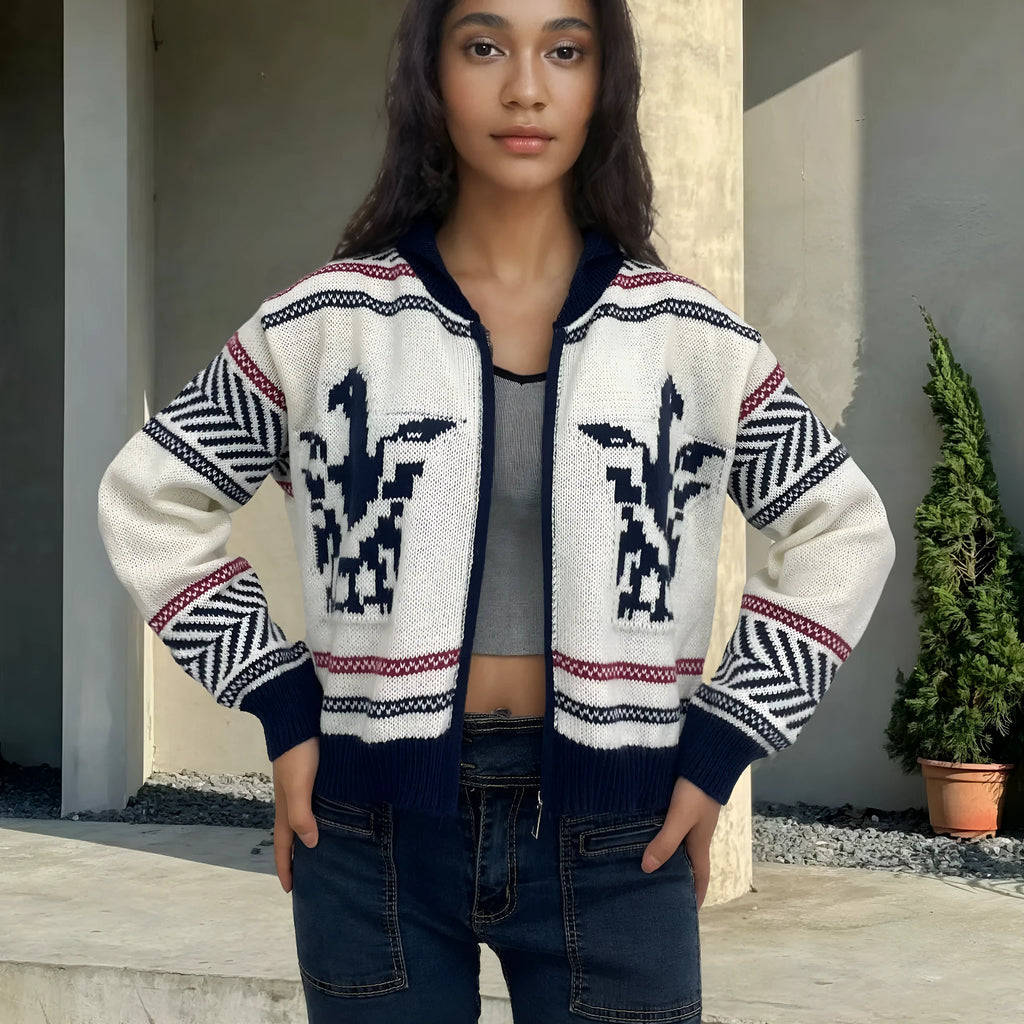 White women's zip cardigan with jacquard wool texture and contrasting lapel