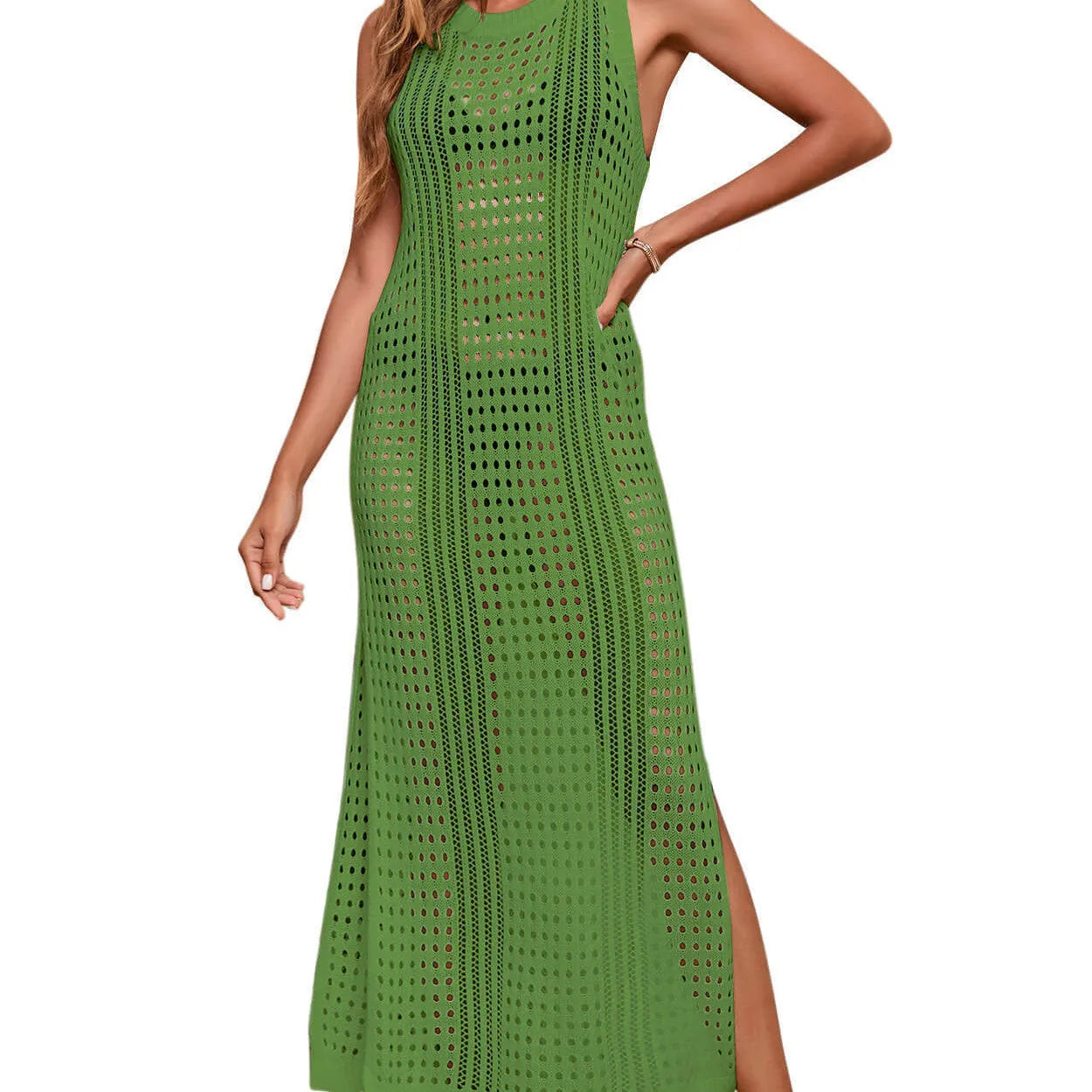 Long, loose women's beach blouse in a hollow-out knitted fabric, shown in a solid colour.